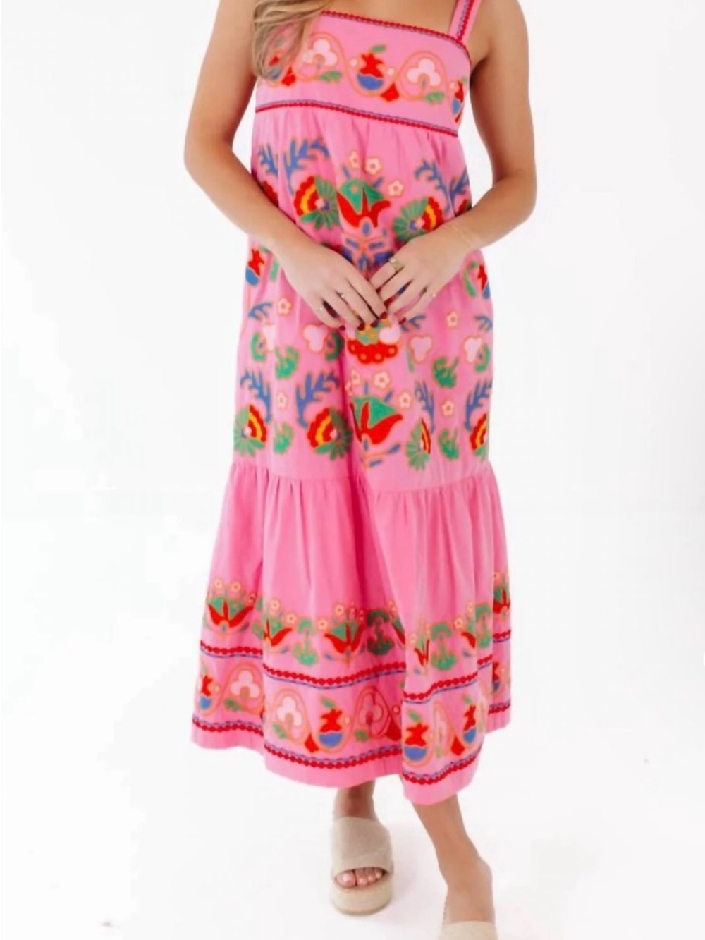 J. Marie Landon Midi Embroidered Pink Floral Midi Dress